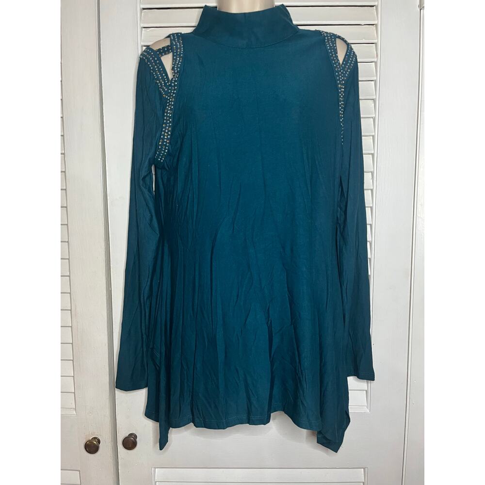 Belldini jewel tone green crystal trimmed open shoulder tunic L swing top dressy